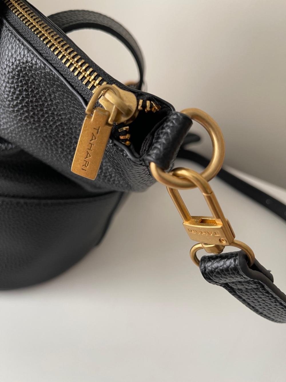 NWT...Tahari Black Pebbled Leather Shoulder Tote with Gold Hardware - Picture 4 of 7